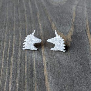 Sparkly Acrylic Unicorns with White Silver Glitter Stud Earrings